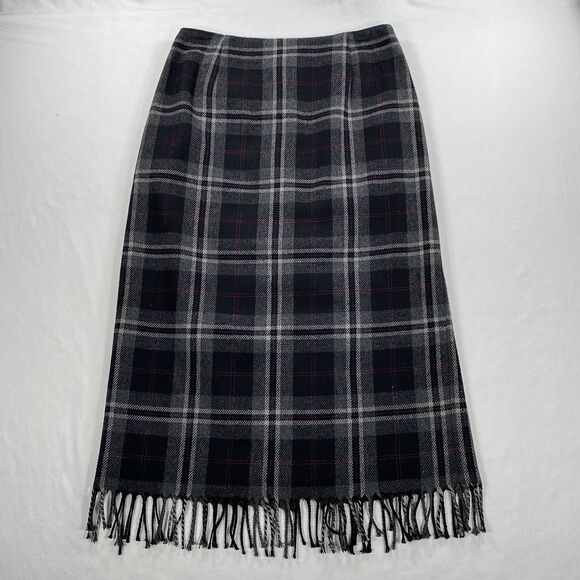 Worthington Wool Blend Midi Skirt Gray Plaid Fringe Dark Academia Petite 10 - Picture 1 of 7